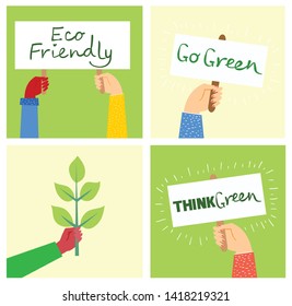 Vector illustration ECO background of Concept of green eco energy and quote Save the planet. Hands hold the banners with eco texts