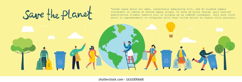 Ilustración vectorial Fondo ECO de Concepto de energía ecológica verde y cita Salvar el planeta. Paisaje, bosque, colinas y árboles en estilo geométrico plano