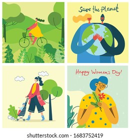 Vector illustration ECO background of concept of green energy and quote Save the planet. Mother day. People carefully hold the globe earth with love.