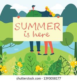 Vector illustration ECO background of Summer Concept in the flat design. Landscape, forest, hills and trees and girl and boy with banner. 