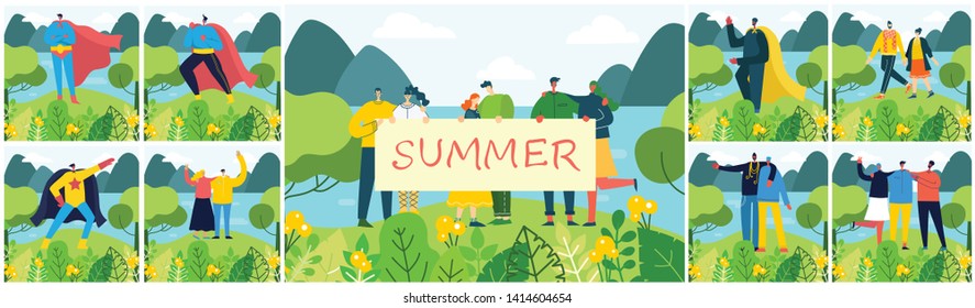 Vector illustration ECO background of Summer Concept in the flat design. Landscape, forest, hills and trees and girl with banner. 