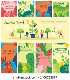 Vector illustration ECO backgrounds of Concept of green eco energy and quote Save the planet. Landscape, forest, hills and trees with wind turbines in flat geometric style