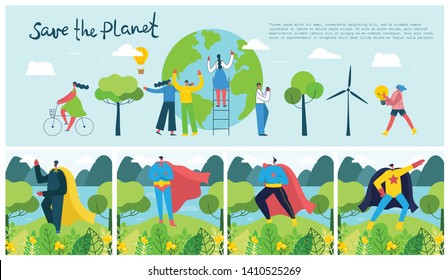 Vector illustration ECO backgrounds of Concept of green eco energy and quote Save the planet. Landscape, forest, hills and trees with wind turbines and superheroes in flat geometric style