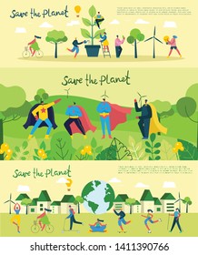 Vector illustration ECO backgrounds of Concept of green eco energy and quote Save the planet. Landscape, forest, hills and trees with wind turbines and superheroes in flat geometric style