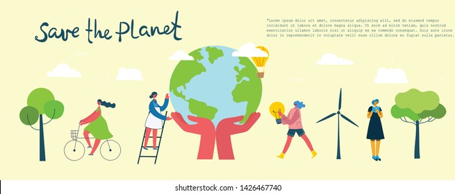 Vector illustration ECO backgrounds of Concept of green eco energy and quote Save the planet. Landscape, forest, hills and trees with wind turbines in flat geometric style