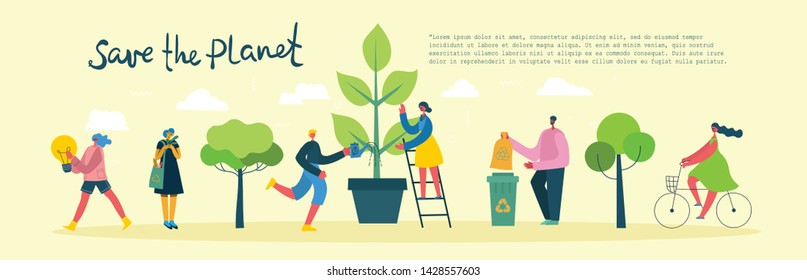Vector illustration ECO backgrounds of Concept of green eco energy and quote Save the planet. Landscape, forest, hills and trees with wind turbines in flat geometric style