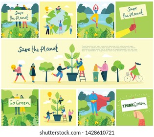 Vector illustration ECO backgrounds of Concept of green eco energy and quote Save the planet. Landscape, forest, hills and trees with wind turbines in flat geometric style