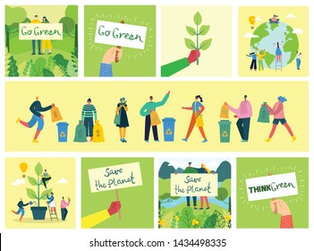 Vector illustration ECO backgrounds of Concept of green eco energy and quote Save the planet and Waste recycle  in flat geometric style