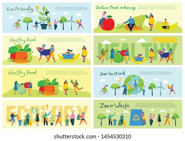 Vector Illustration ECO Backgrounds Of Concept Of Green Eco Energy And Quote Save The Planet, Think Green, Healthy Food And Waste Recycle