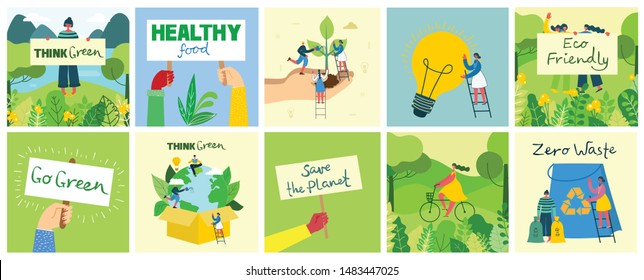 Vector illustration ECO backgrounds of Concept of green eco energy and quote Save the planet, Think green and Waste recycle