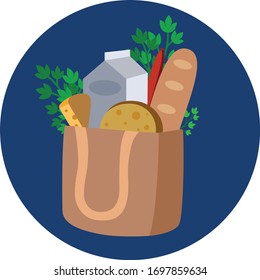 Vector illustration with eco bag contains bread, cheese, greenery parsley, milk and sausage