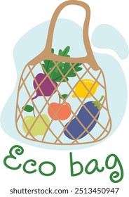 Vector illustration of an eco bag for food.  Colorful zero waste, no plastic and organic concept in flat style
