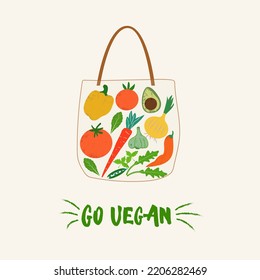 Ilustración vectorial de la bolsa ecológica con verduras. Obtenido a mano. Concepto de vida ecológica y basura cero. Go vegan
