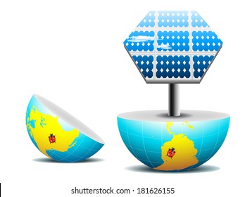 Vector illustration of Eco concept with globe and solar panel. 