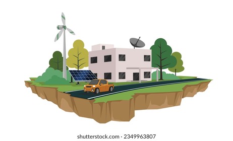 Vector or Illustration of eco concept. Town building with solar panel and windmill for energy saving. with trees and green grass for background. Front ground have asphalt road and car. Island of eco.