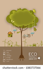 Vector illustration of eco earth with of wind turbine, bike , solar cell ,house, and trees. Background for save earth day. Environmental, ecology, nature protection and pollution concept.