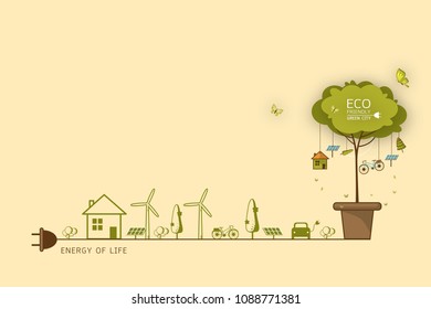 Vector illustration of eco earth with of wind turbine, bike , solar cell ,house, and trees. Background for save earth day. Environmental, ecology, nature protection and pollution concept.