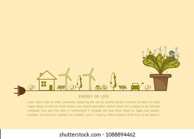 Vector illustration of eco earth with of wind turbine, bike , solar cell ,house, and trees. Background for save earth day. Environmental, ecology, nature protection and pollution concept.