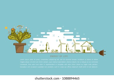 Vector illustration of eco earth with of wind turbine, bike , solar cell ,house, and trees. Background for save earth day. Environmental, ecology, nature protection and pollution concept.