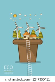Vector illustration of eco earth with of wind turbine, bike , solar cell ,house, and trees. Background for save earth day. Environmental, ecology, nature protection and pollution concept.