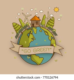 Vector illustration of eco earth with of wind turbine, bike , solar cell ,house, and trees. Background for save earth day. Environmental, ecology, nature protection and pollution concept.