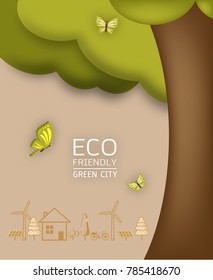 Vector illustration of eco earth with of wind turbine, bike , solar cell ,house, and trees. Background for save earth day. Environmental, ecology, nature protection and pollution concept.