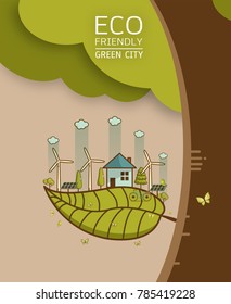 Vector illustration of eco earth with wind turbine, bike, solar cell, house, and trees. Background for save the earth day. Environmental, ecology, nature protection and pollution concept.