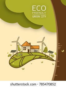 Vector illustration of eco earth with of wind turbine, bike , solar cell ,house, and trees. Background for save earth day. Environmental, ecology, nature protection and pollution concept.