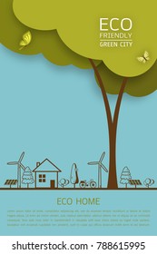 Vector illustration of eco earth with of wind turbine, bike, solar cell, house, and trees. Background for save earth day. Environmental, ecology, nature protection and pollution concept.