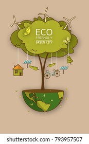Vector illustration of eco earth with of wind turbine, bike , solar cell ,house, and trees. Background for save earth day. Environmental, ecology, nature protection and pollution concept.