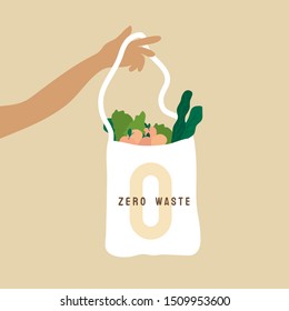 Vector illustration with Eco Fabric Cloth Bag and quote Zero waste. Hand holding tote bag fabric with local vegetables. Care and protection of environment. Design social issue for banners, card, blog.