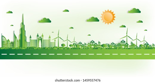 Vector illustration. Eco friendly concept, Green city save the world, 