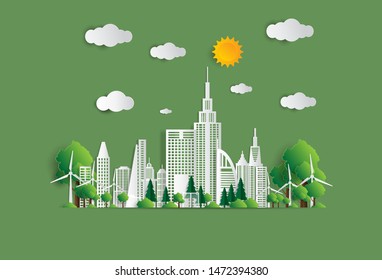 Vector illustration. Eco friendly concept, Green city saves the world, 