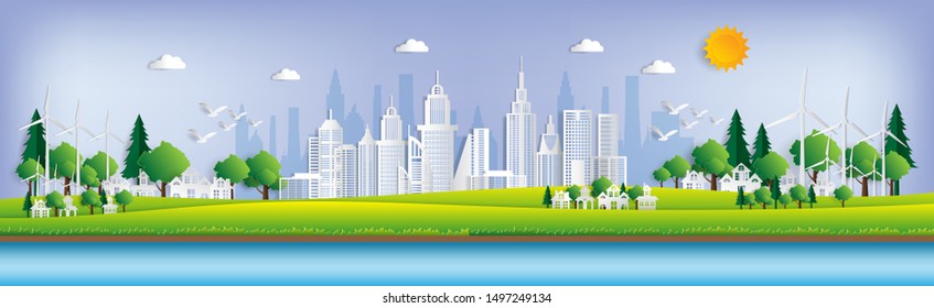 Vector illustration. Eco friendly concept, Green city save the world