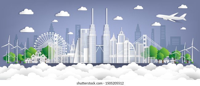 Vector illustration. Eco friendly concept, Green city save the world. World famous landmarks of Malaysia in paper cut style vector illustration