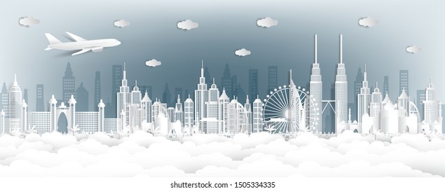 Vector illustration. Eco friendly concept, Green city save the world. World famous landmarks of Malaysia in paper cut style vector illustration