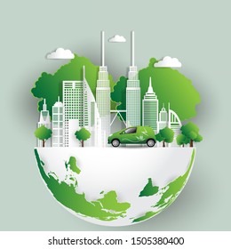 Vector illustration. Eco friendly concept, Green city save the world. World famous landmarks of Malaysia in paper cut style vector illustration