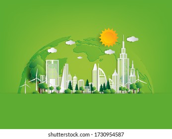 Vector illustration. Eco friendly concept, Green city save the world, 