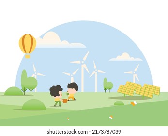 Vector illustration of eco friendly concept.Flat banner Environmentally friendly.hand drawn cartoon people in a city.plant a tree.Clean nature concept.Renewable energy power.Think green