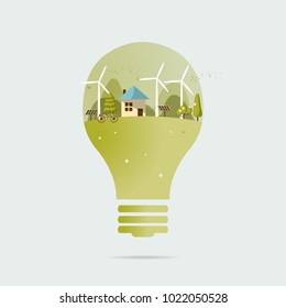 Vector illustration of eco home the light bulb with of wind turbine, bike , solar cell ,house, and trees. Background for save earth day. Environmental, ecology, nature protection and pollution concept