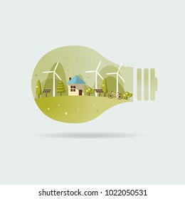 Vector illustration of eco home the light bulb with of wind turbine, bike , solar cell ,house, and trees. Background for save earth day. Environmental, ecology, nature protection and pollution concept