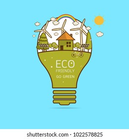 Vector illustration of eco home the light bulb with of wind turbine, bike , solar cell ,house, and trees. Background for save earth day. Environmental, ecology, nature protection and pollution concept