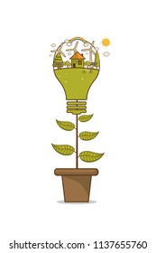 Vector illustration of eco home the light bulb with of wind turbine, bike , solar cell ,house, and trees. Background for save earth day. Environmental, ecology, nature protection and pollution concept