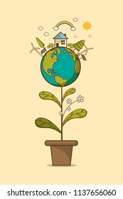 Vector illustration of eco home the light bulb with of wind turbine, bike , solar cell ,house, and trees. Background for save earth day. Environmental, ecology, nature protection and pollution concept