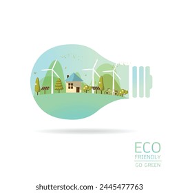 Vector illustration of eco home the light bulb with of wind turbine, bike , solar cell ,house, and trees. Background for save earth day. Environmental, ecology, nature protection and pollution concept