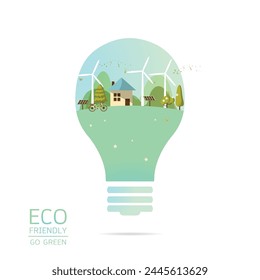 Ilustración vectorial de eco home la bombilla con de aerogenerador, bici , célula solar , casa, y árboles. Guardar Antecedentes de Concepto de medio ambiente, ecología, protección de la naturaleza y contaminación