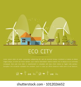 Vector illustration of eco home with of wind turbine, bike , solar cell ,house, and trees. Background for save earth day. Environmental, ecology, nature protection and pollution concept.