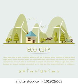Vector illustration of eco home with of wind turbine, bike , solar cell ,house, and trees. Background for save earth day. Environmental, ecology, nature protection and pollution concept.