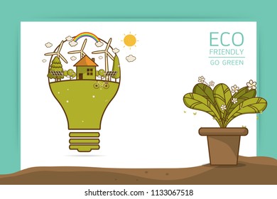Vector illustration of eco home with of wind turbine, bike , solar cell ,house, and trees. Background for save earth day. Environmental, ecology, nature protection and pollution concept.