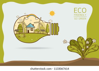 Vector illustration of eco home with of wind turbine, bike , solar cell ,house, and trees. Background for save earth day. Environmental, ecology, nature protection and pollution concept.